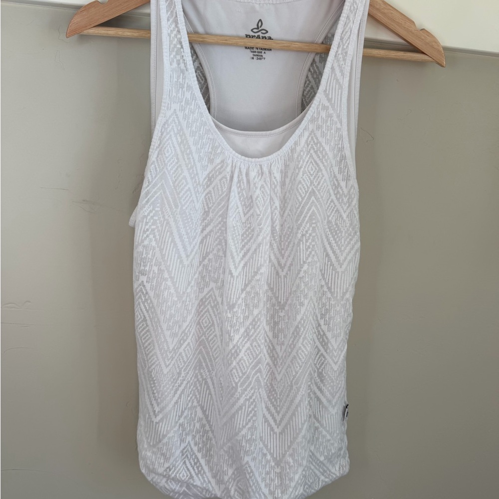 Prana White Textured Scoop Neck Tank Top